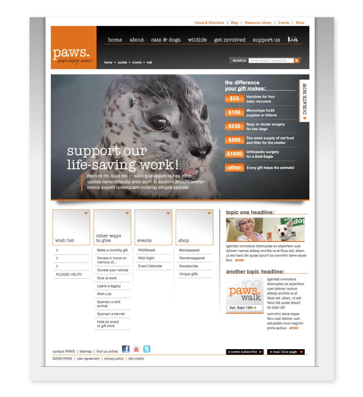 PAWS website interior page